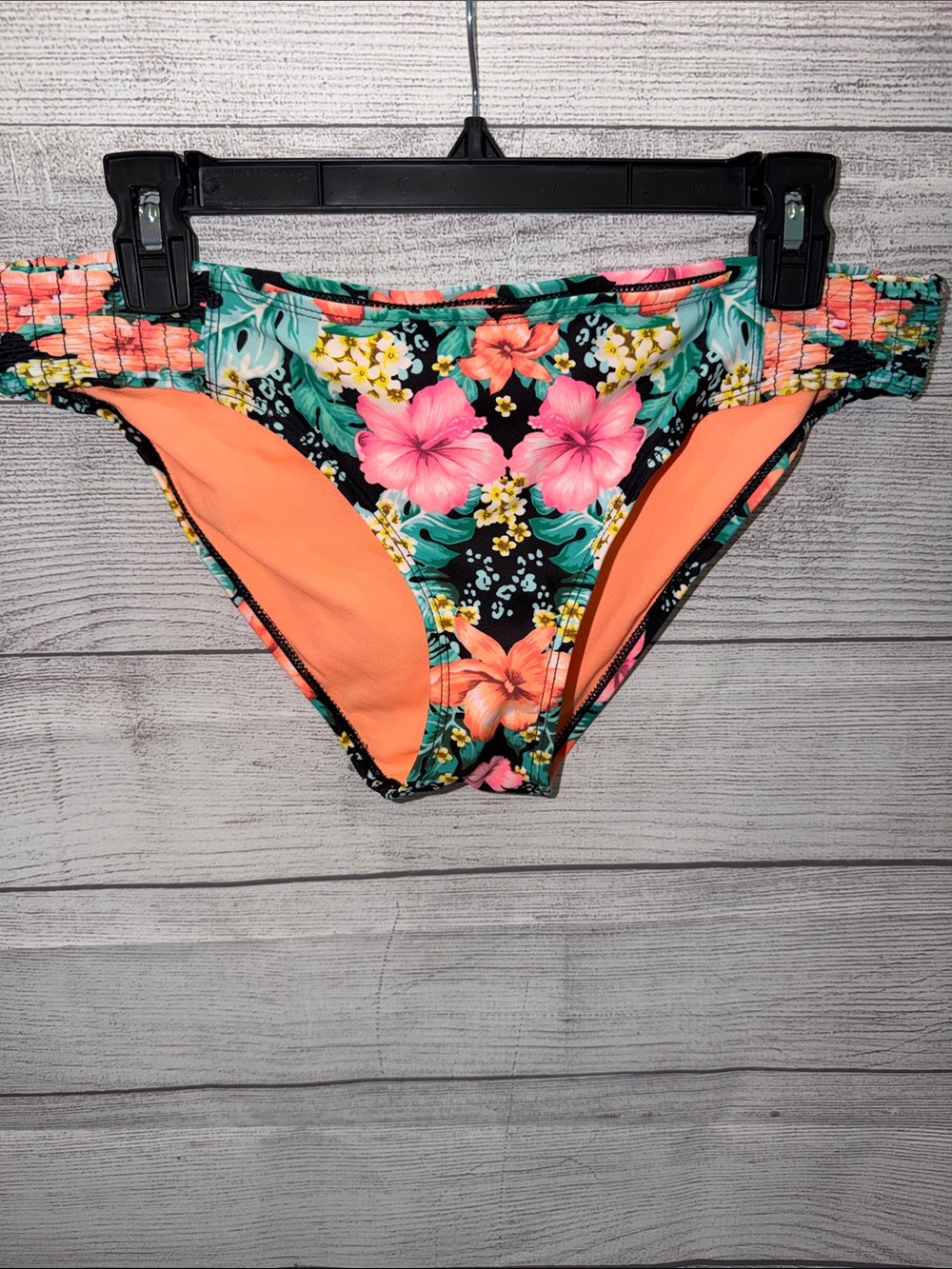 BONGO Floral Tropical Bikini Bottoms in Black, Pink & Orange